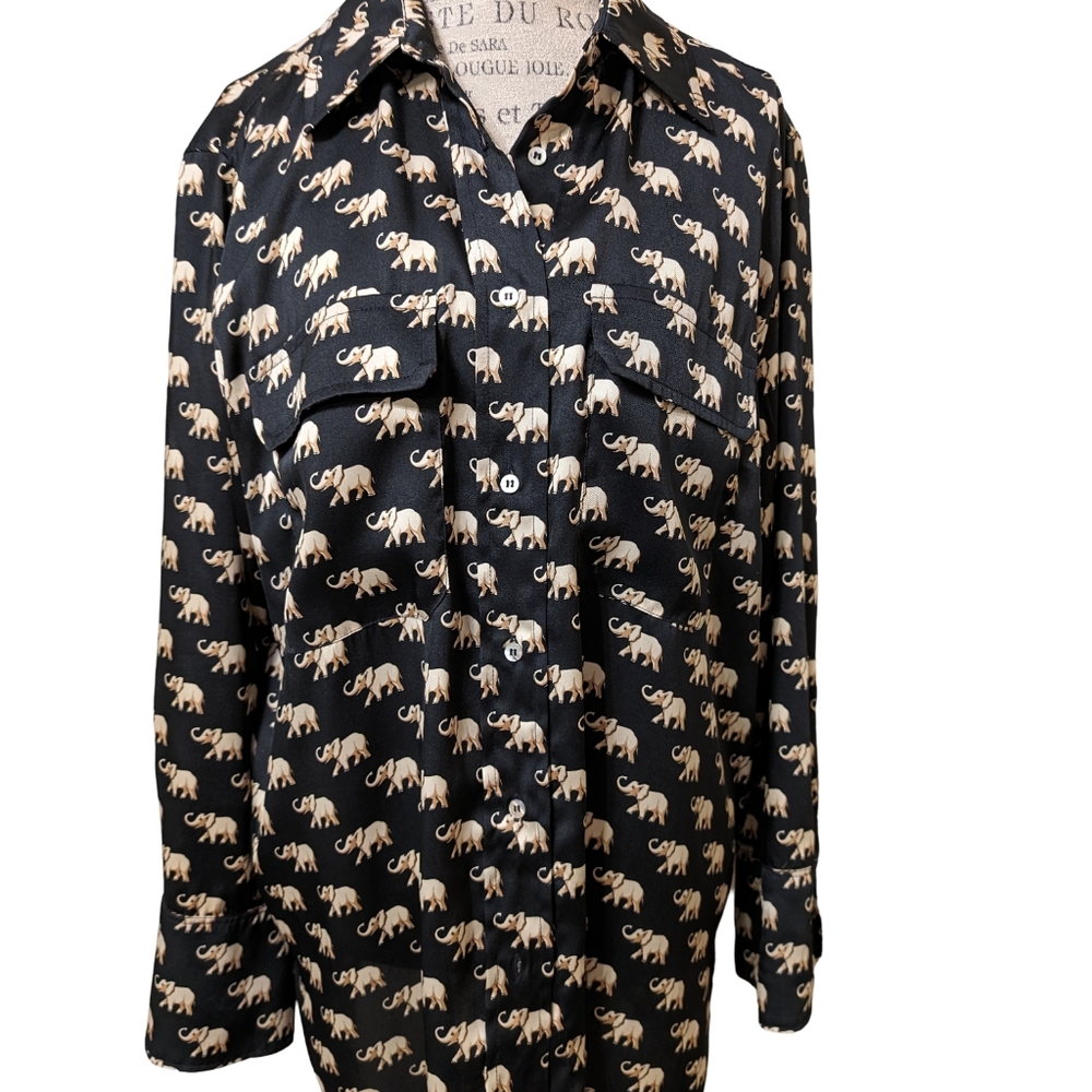Zara Women's Oversized Black Button Down With Elephants Blouse XL